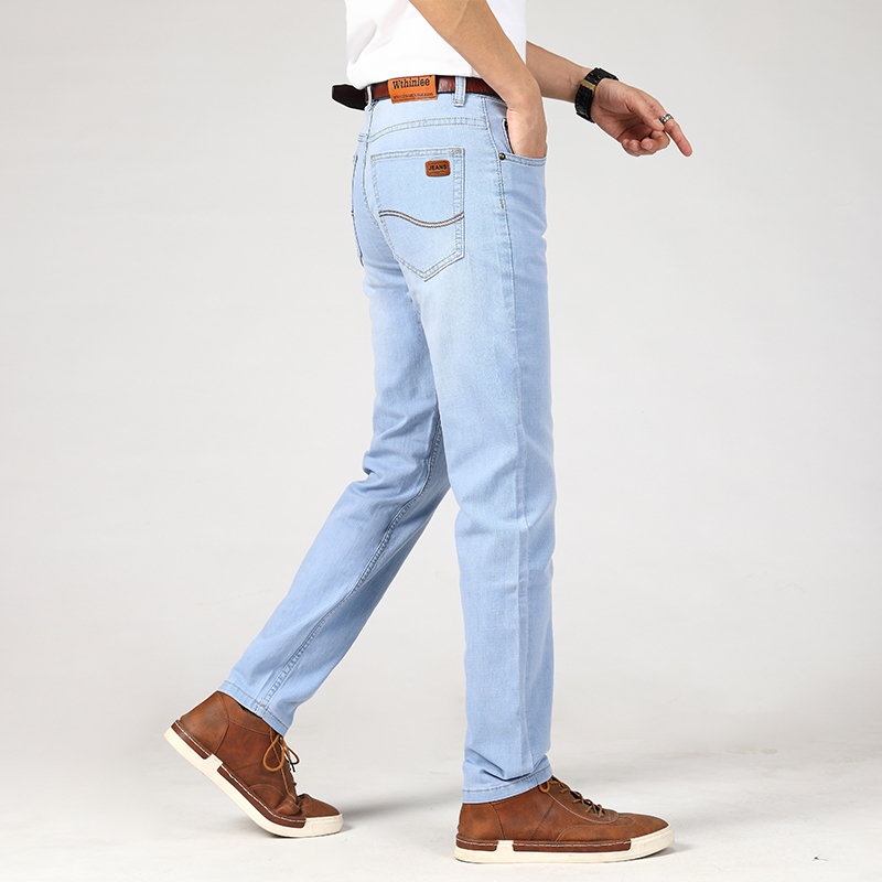 Mens Jeans Brand Thin Summer Style Business Casual Slim Fit Elastic Classic Trousers Sky Blue Pants Male size28 220928