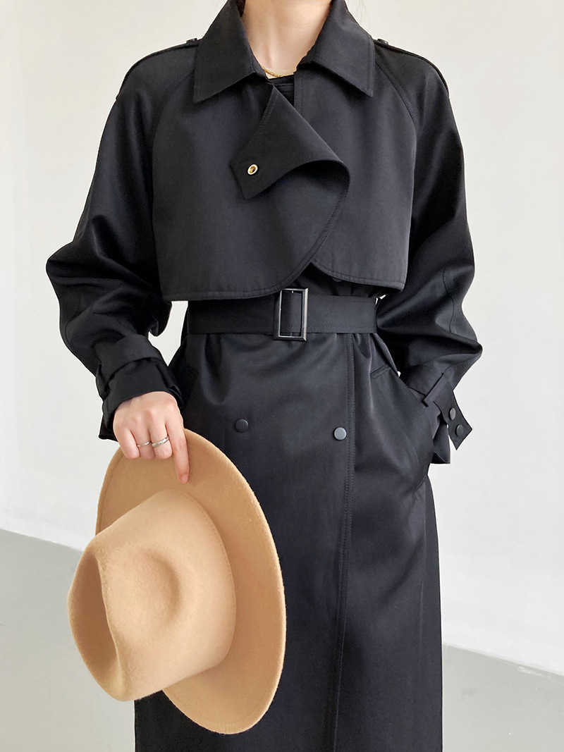 Trench Coats Fashion Luxury Trench Coats Women 2022 Losse eenzame breasted solide Black Long Jacket Autumn Office Belt Wind Breaker Manteau Y2209