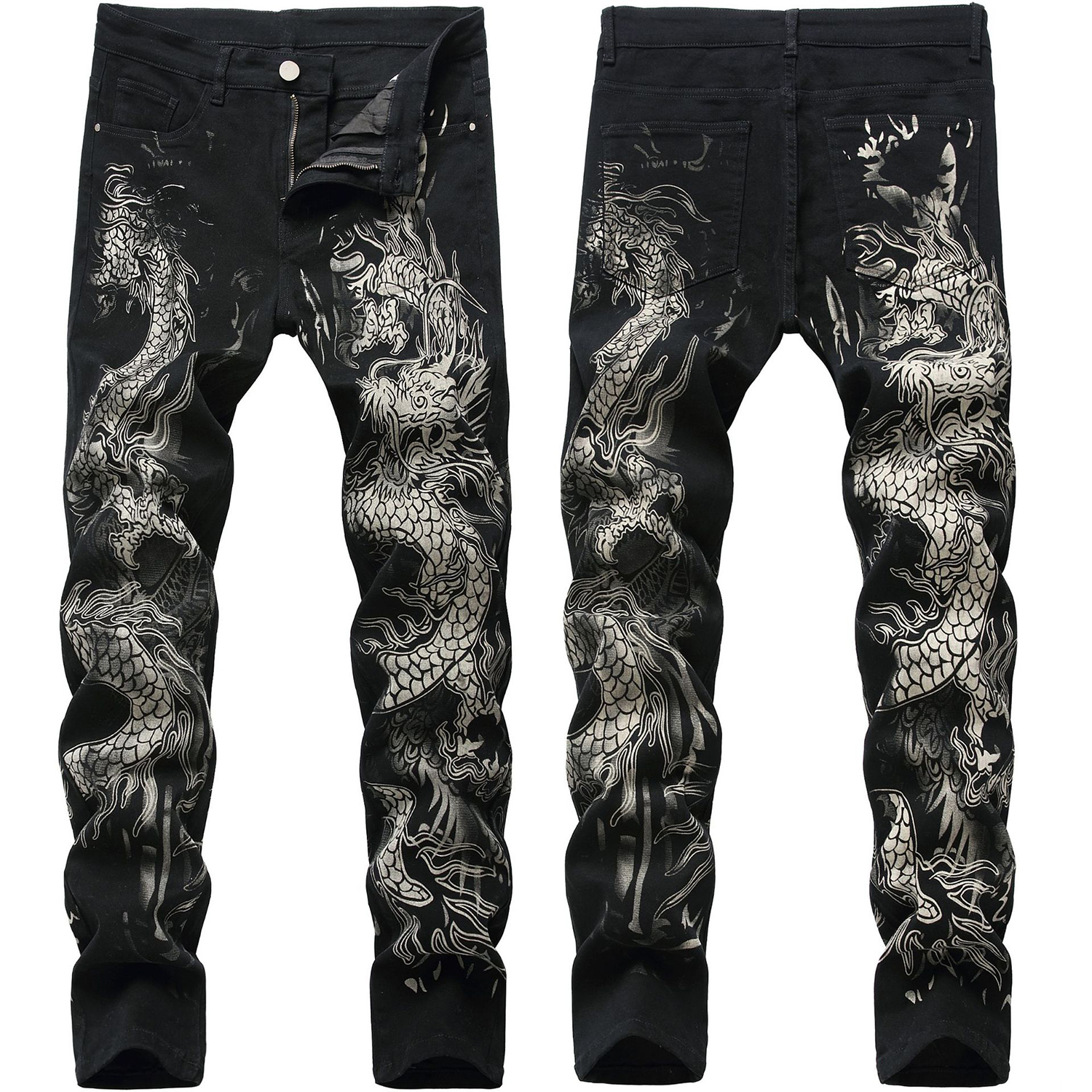Erkekler kot pantolon yüksek sokak kaplanı kot pantolon baskılar cadı tasarımları zayıflama sıradan erkekler ejderha klasik siyah mavi 220927