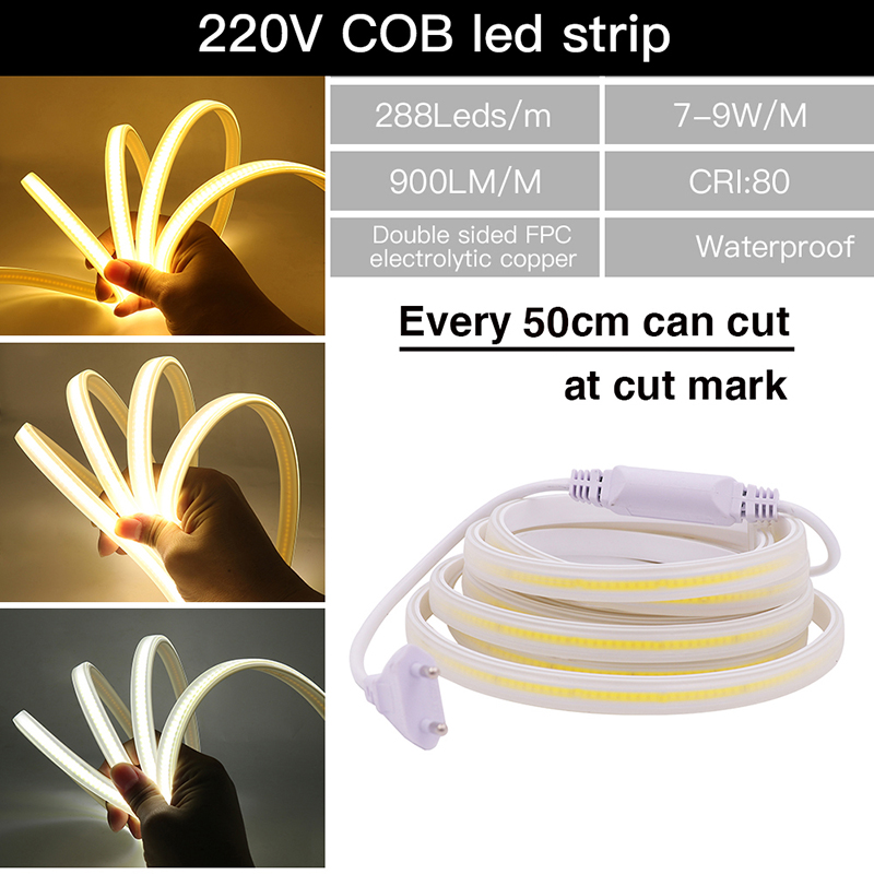 Bande LED COB 220V bande LED COB Flexible 288LED s lumière linéaire haute densité ruban LED étanche pour l'extérieur avec prise ue