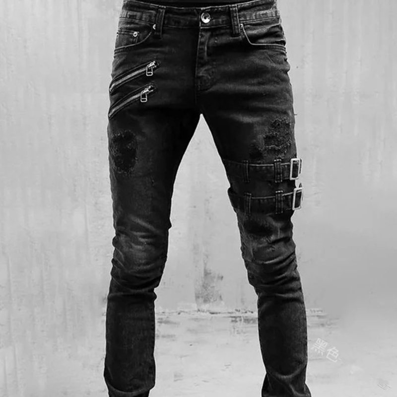 Jeans da uomo Uomo Slim Biker Pantaloni di jeans lunghi strappati Jeans skinny Tasche laterali Cinghie e cerniere Pantaloni da jogging maschili Pantaloni elasticizzati distrutti 220928