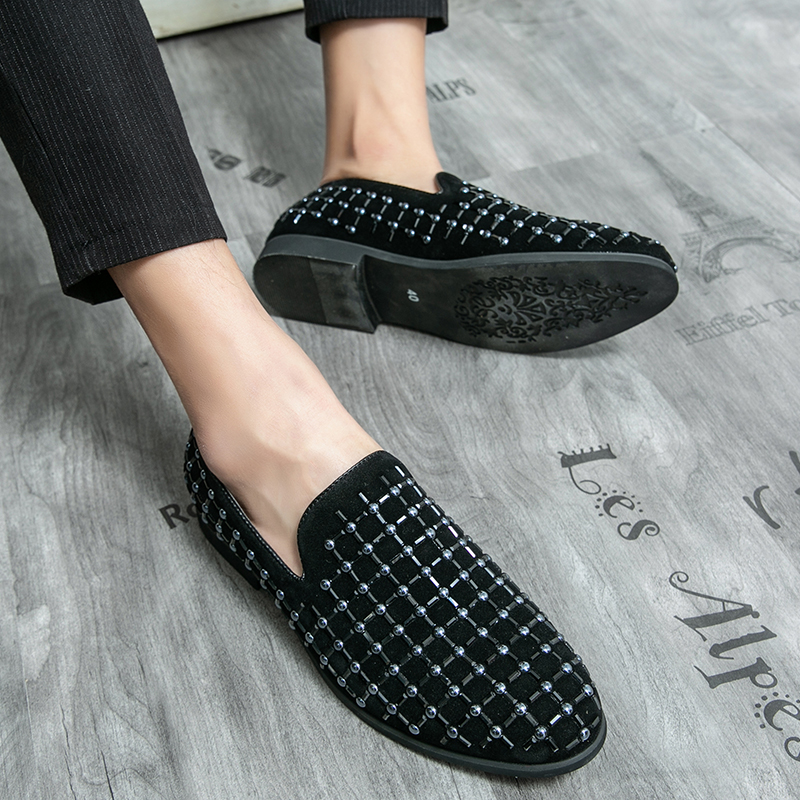 Erkekler lüks rhinestone broges deri ayakkabılar süet yuvarlak ayak parmağı moda günlük iş ayakkabıları loafers büyük boy 38-48