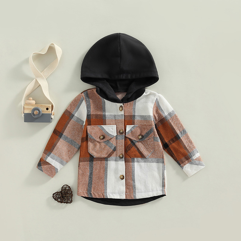 Vestes FOCUSNORM 4 Couleurs 1-6Y Automne Enfants Garçons Chemises Causales Manteau À Carreaux Imprimé Patchwork À Manches Longues Simple Poitrine À Capuche Tops 220928