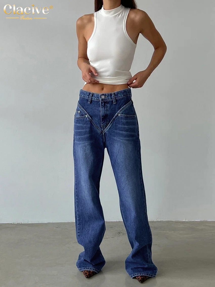 Women s Jeans Clacive Vintage Blue Denim Woman Fashion High Waist Straight Office Lady Trousers Elegant Full Length Pants For Women 220928