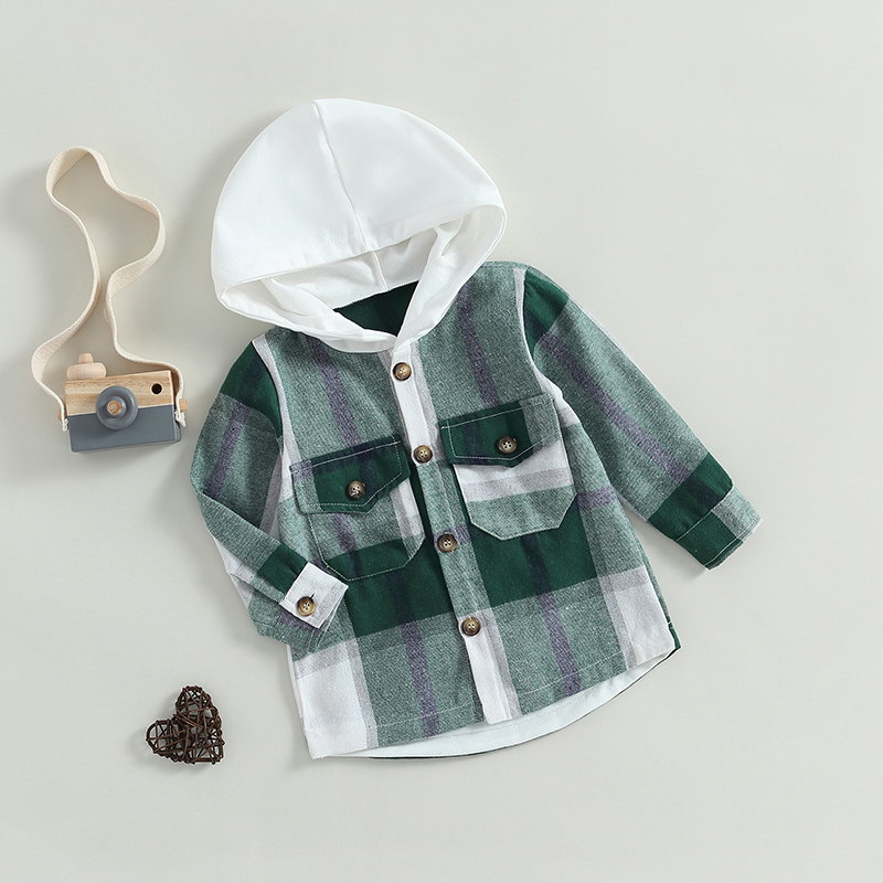 Jackets Focusnorm 4 kleuren 1-6y herfst Kids jongens causale shirts jas plaid geprinte patchwork lange mouw met één borsten met een kap