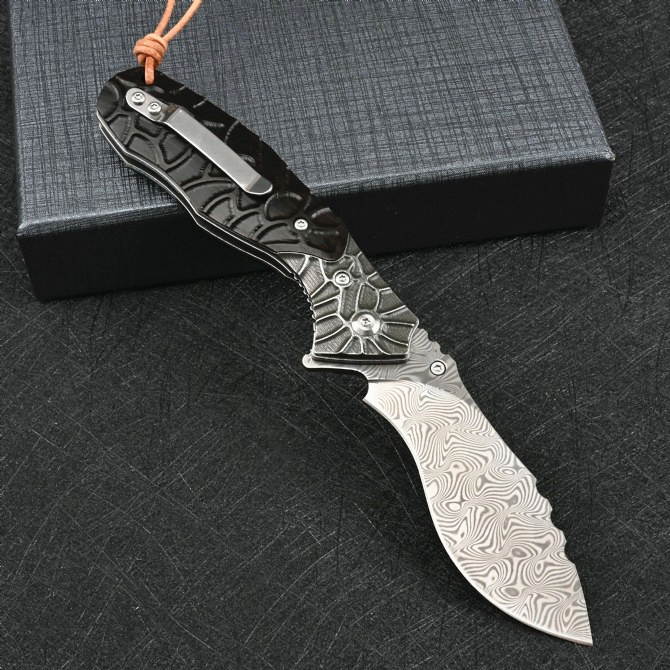 Hot C9280 Flipper Folding Knife 101-Layer Damascus Steel Blade CNC Carving Ebony with Steel Head Handle Survival Pocket Folder knives including Leather Sheath