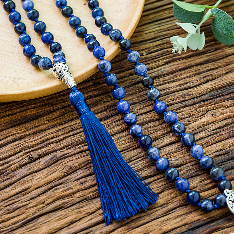 Beaded Necklaces 108 Mala Natural Sodalite Lapis Lazuli Handmade Beaded Knot Meditation Yoga Anniversary Big Buddha Head Tassel Long Necklace 220929