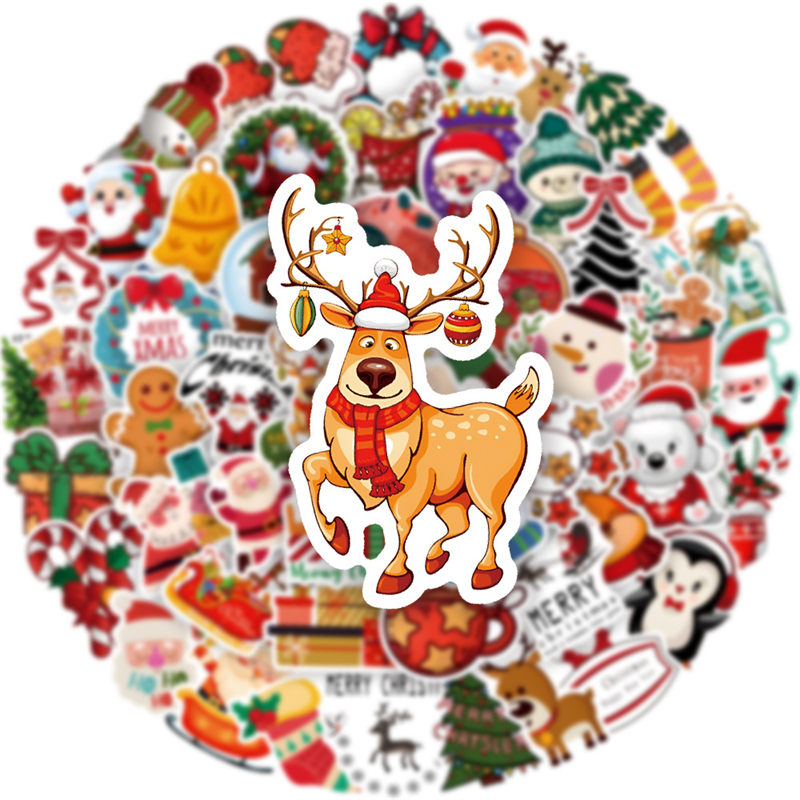 50 stks gelukkig nieuwjaar vrolijke kerststickers herten santa claus sneeuwman kinderen geschenk decal diy voor skateboard bagagekoffer