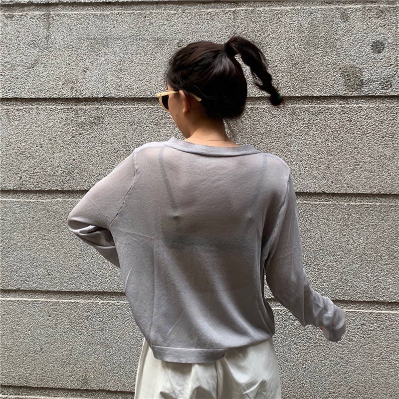 Women's Knits Tees Cardigan Women Korean Long Sleeve Summer Cropped Knitted V-Neck Thin Ice Silk Sweaters Sunscreen Shirt Tops 220929