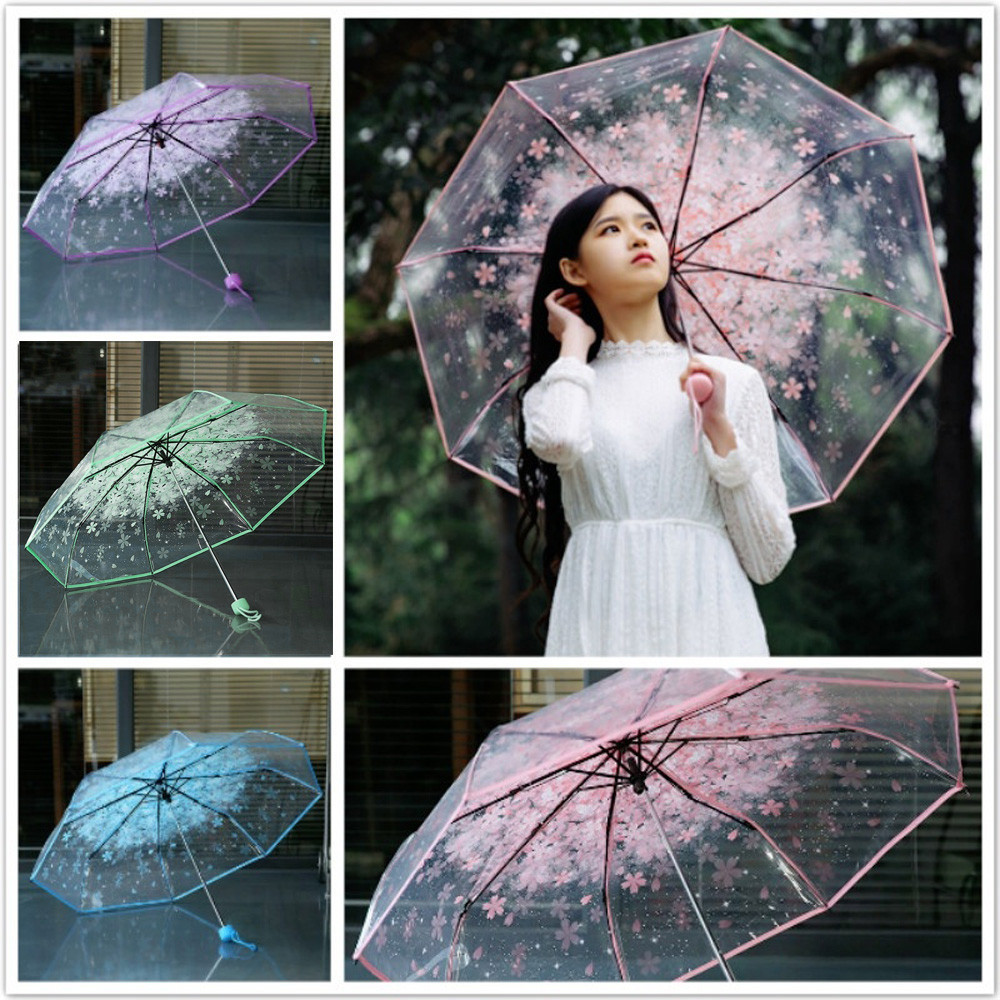 Umbrellas Manual Women's Transparent Clear Flowers Anti-UV Sun Cherry Blossom 3 Folding Rain Gear Parasol 220929