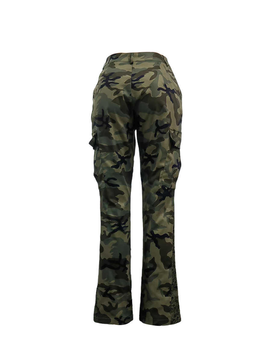 LW Camo Print Side Pocket Cargo Camouflage Pants Low-Waist Zipper Fly Flust Print Printy Printy Pronters Camo Print Discal