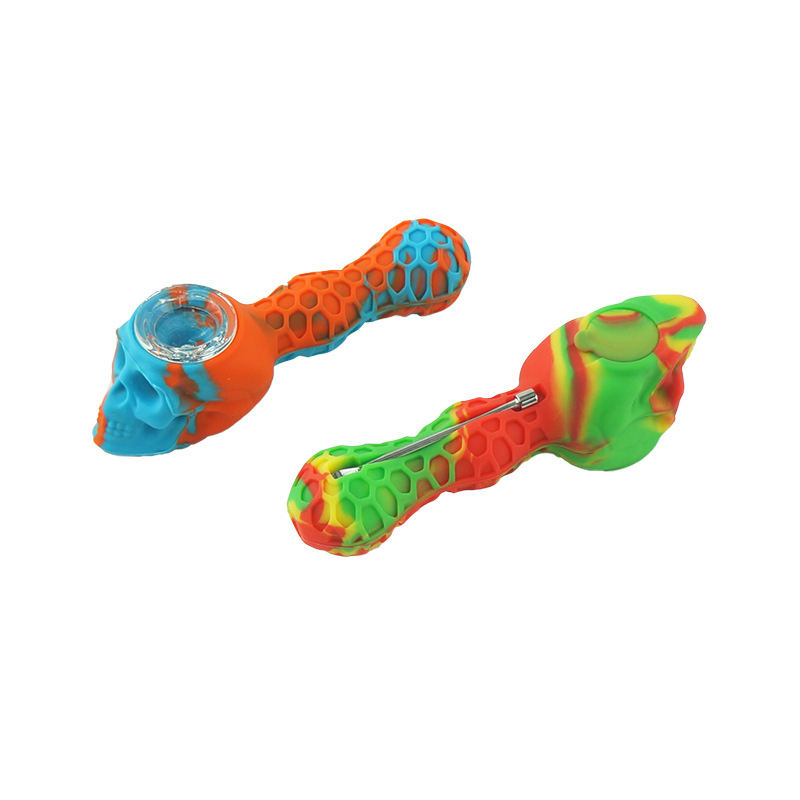 Skull Silicone Smoking Pipes Kit Detachable with Clean Dab Tool Hand Tobacco Herb Pipe FDA Food Grade Silicon