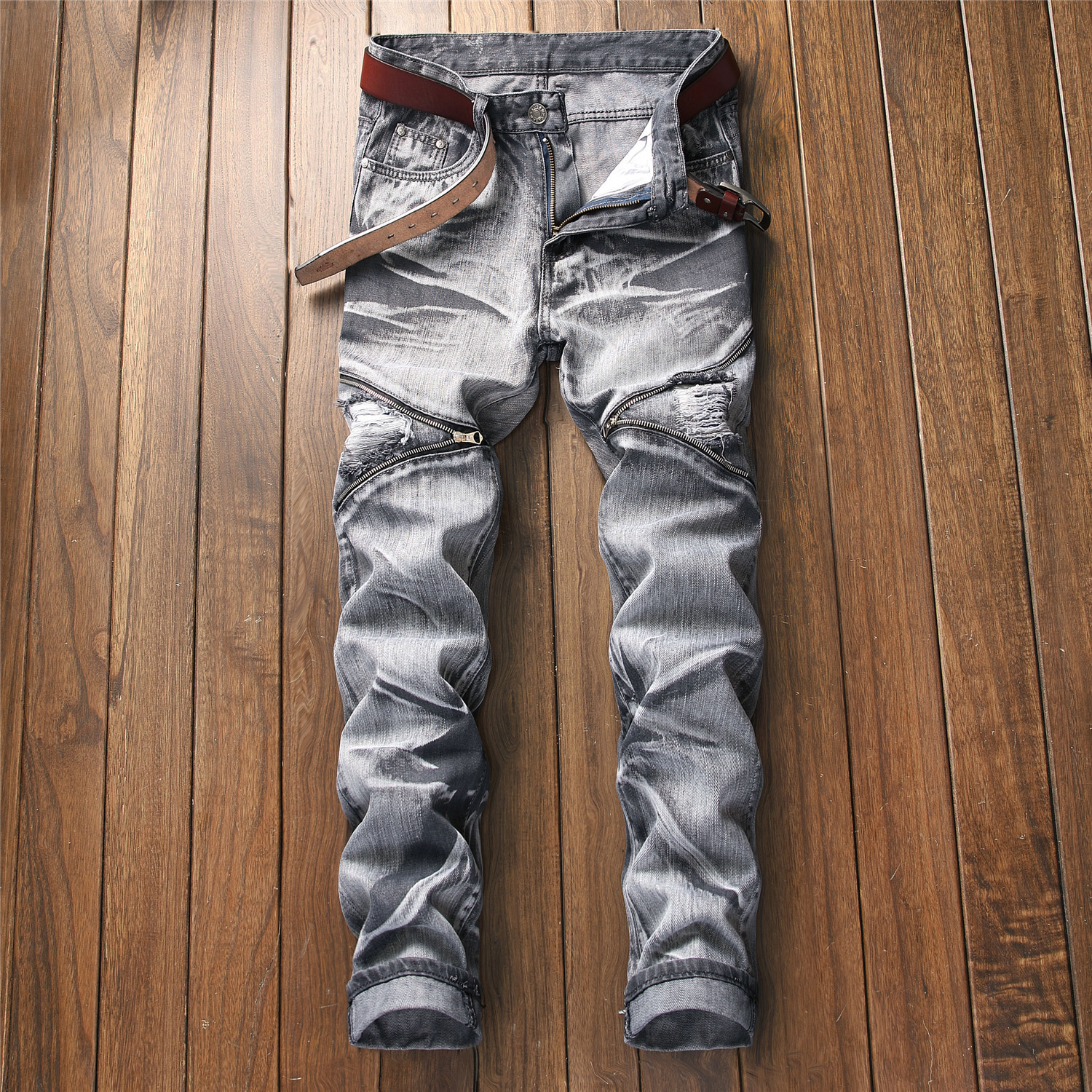 Jeans masculino moda masculina jeans retro ripped zíper calças jeans para masculino plus size 3042 calças cair 220929