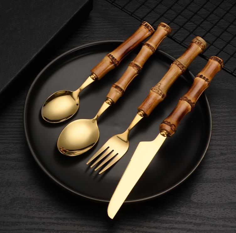 Bambuhandtag fr￥n Cutlery Set Silver Golden Fork Spoon Knife Cutary Set Rostfritt st￥l Flatware Kit SN4184