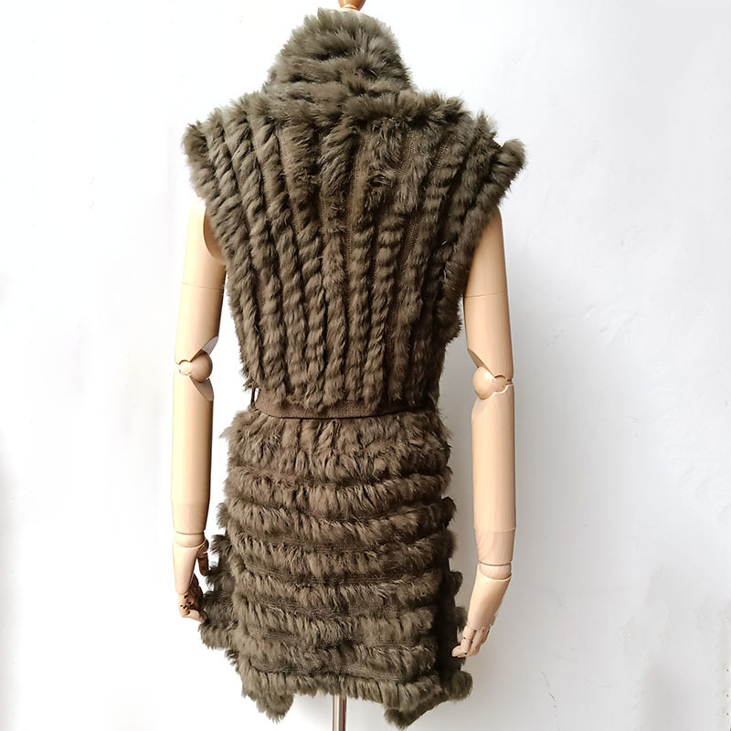 Womens Fur Faux Women Striped Knitted Real Rabbit Gilet With Belt Loose Sleeveless Genuine Vest Female Black Waistcoat 220929