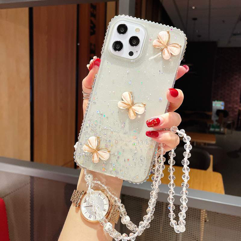 Bling Diamond 3D Butterfly Cases för iPhone 15 14 Pro Max 13 12 11 XR XS X 8 7 6 Plus Bling Foil Glitter Confetti Paljett Luxur Drop Lime Soft TPU Clear Phone Back Cover Strap Strap