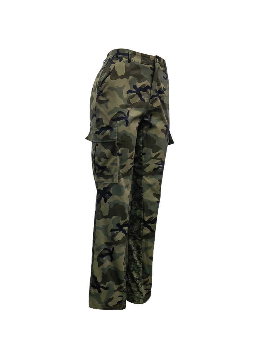 LW Camo Baskı Yan Cep Kargo Kamuflaj Pantolon Düşük Bel Fermuar Sinek Tam Baskı Strengy Women Pantolon Camo Baskı Gündelik Pantolon