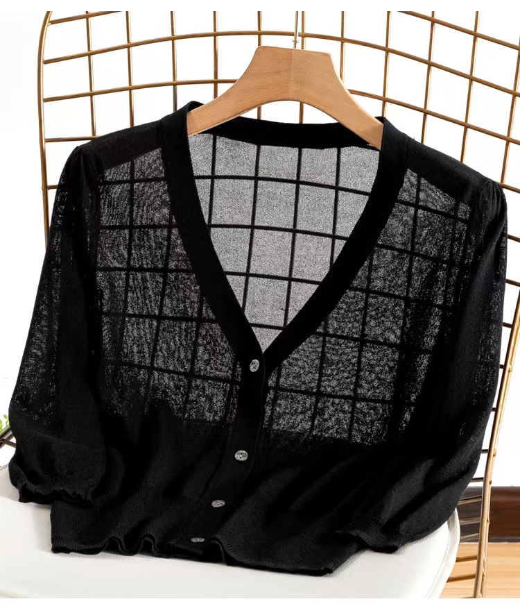 حياكة النساء Tees Cardigan الصيف الأكمام المكونة من ثلاثة أرباع الأكمام الكورية على النمط الكوري V-nist سترة متماسكة الأشعة فوق البنفسجية الحرير الجلي