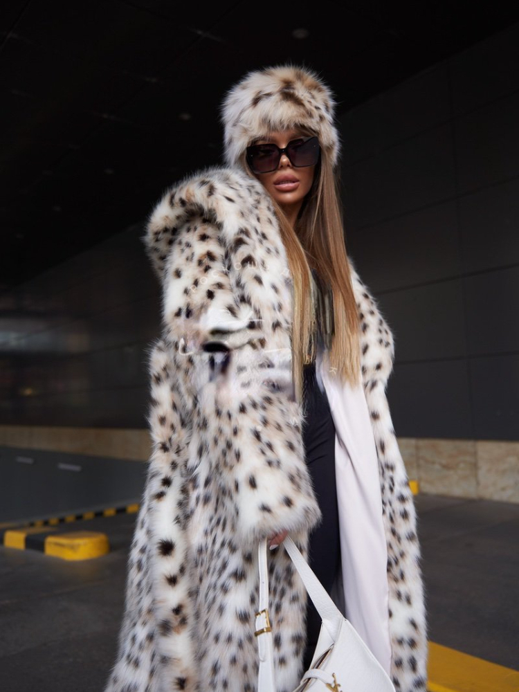 Womens Fur Faux EE1475 Xlong Casacos Eco Lynx com um capuz Casacos de inverno Mulher Comprimento 120cm Casaco Feminino Branco 220929
