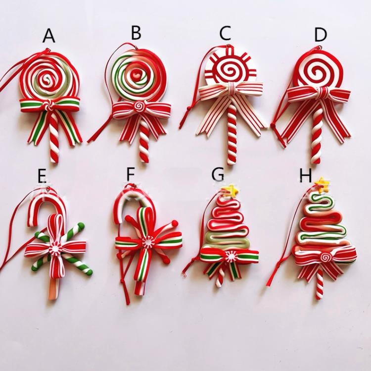 Julgrandekoration Ornament Simulerad mjuk lera Lollipop R￶d vit godis Cane Tree Pendants Xmas Decor for Home SN4917