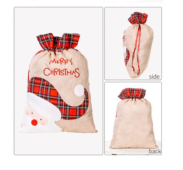 Linen Santa Sack Noel Hediye Çantası Kırmızı Ekose Drawstring Tote Çanta Festivali Dekorasyon SN7912