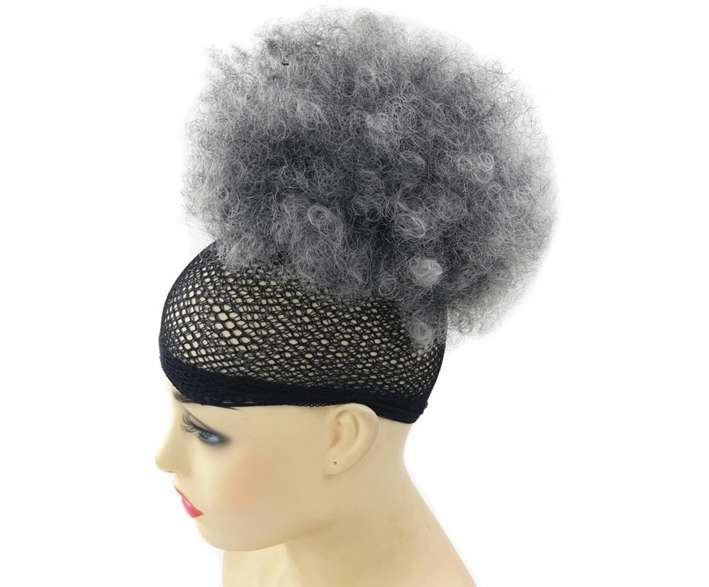 Ombre Grey Afro Puff Kordelzug Pferdeschwanz Natürliche verworrene lockige Pferdeschwanz-Haarverlängerung für schwarze Frauen Afroamerikanisches kurzes Dutt-Chignon-Hochsteckfrisur-Haarteil 100 g DIVA3