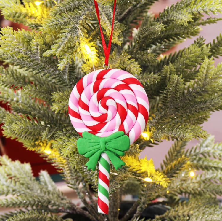 Julgrandekoration Ornament Simulerad mjuk lera Lollipop R￶d vit godis Cane Tree Pendants Xmas Decor for Home SN4917