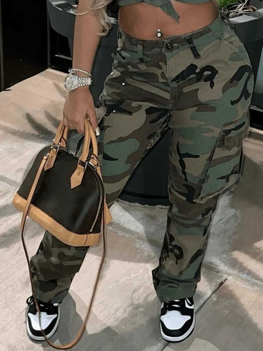 LW Camo Baskı Yan Cep Kargo Kamuflaj Pantolon Düşük Bel Fermuar Sinek Tam Baskı Strengy Women Pantolon Camo Baskı Gündelik Pantolon