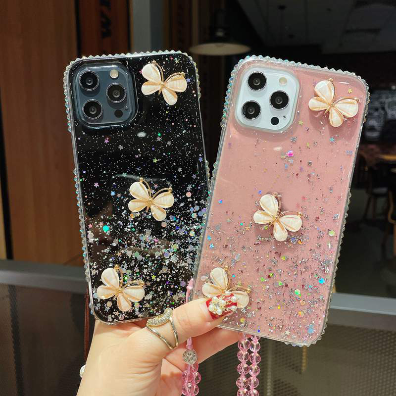 Bling Diamond 3D Butterfly Cases pour iPhone 15 14 Pro Max 13 12 11 XR XS X 8 7 6 Plus Bling Foil Glitter Confetti Sequin Luxe Goutte Colle Souple TPU Clear Phone Back Cover Strap