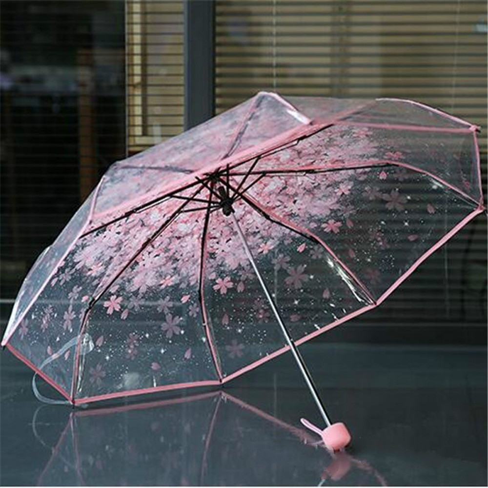 Umbrellas Manual Women's Transparent Clear Flowers Anti-UV Sun Cherry Blossom 3 Folding Rain Gear Parasol 220929