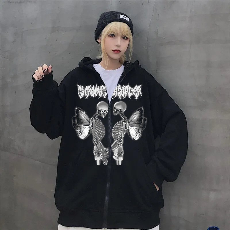 Kvinnors hoodies tr￶jor Y2K HARAJUKU HOODIES Kvinnor Autumn Winter Hip Hop Zipper Pocket Print Estetic Hooded Sweatshirts Female Goth Punk Jackets Rockar 220928