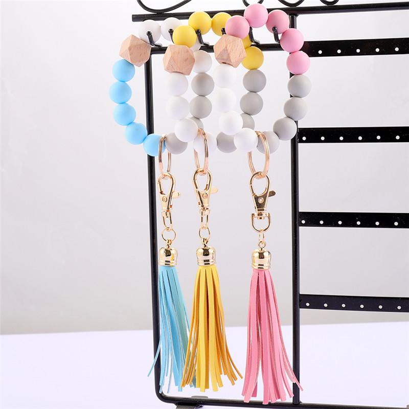 Silicone Wood Beads Keychain Keyring For Women Wristlet Bracelet Pendant Keychain With Jewelry Accessories