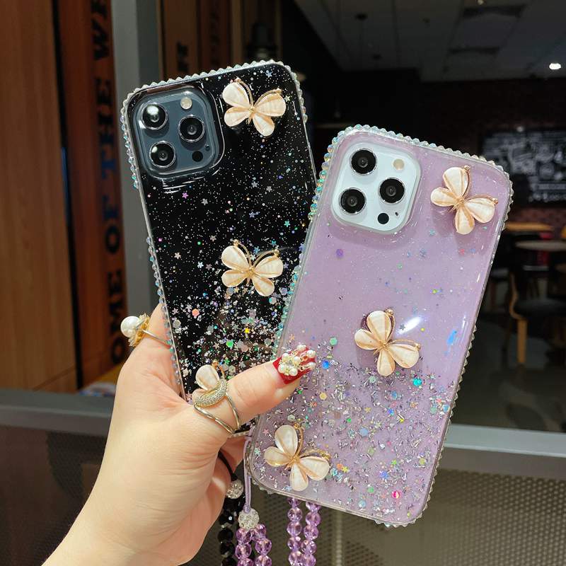 Samsung S23 Plus A54 A04E S22のBling Diamond 3D Butterflyケース20 Ultra Huawei P50 Pro Nova 8 Xiaomi 13 Lite Sonfetti Soft TPU Foil Glitter Sequin Cover Stoping Strap