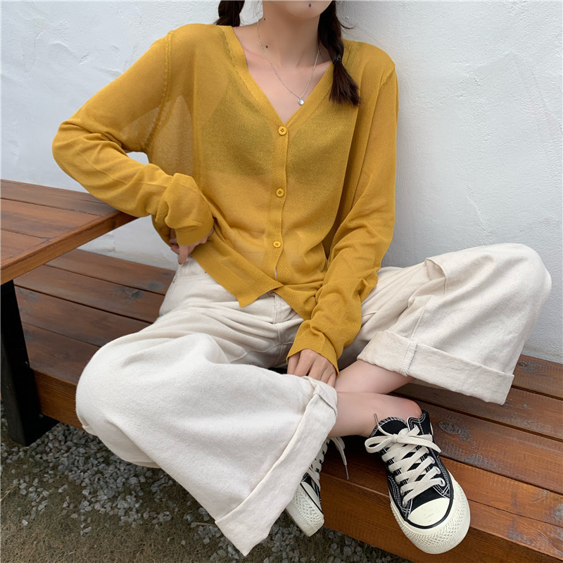 Women's Knits Tees Cardigan Women Korean Long Sleeve Summer Cropped Knitted V-Neck Thin Ice Silk Sweaters Sunscreen Shirt Tops 220929