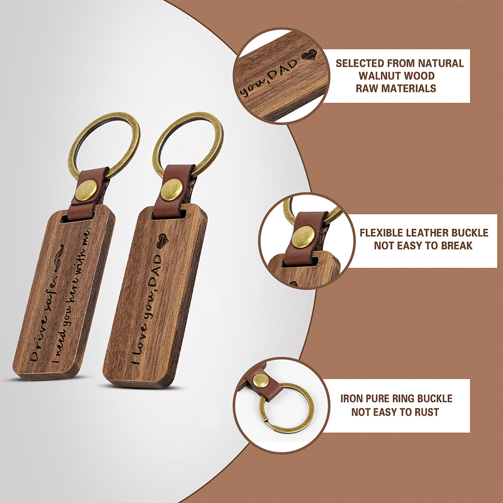 Personalized Leather Keychain Pendant Beech Wood Carving Keychains Luggage Decoration Key Ring DIY Thanksgiving Father's Day Gift DH86