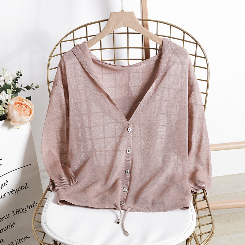 Women's Knits Tees Hooded Thin Sweater Cardigan Women Silk Linen Spring Summer Lace Up V-neck Short Design Loose Cape Cardigans Outerwear Female 220929