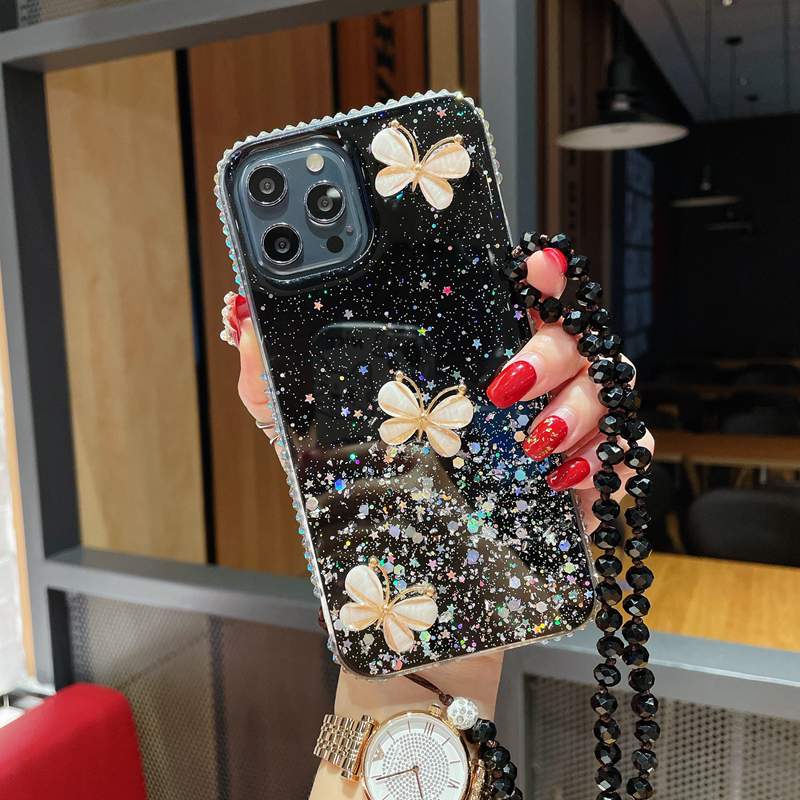 Bling Diamond 3D Butterfly Cases pour iPhone 15 14 Pro Max 13 12 11 XR XS X 8 7 6 Plus Bling Foil Glitter Confetti Sequin Luxe Goutte Colle Souple TPU Clear Phone Back Cover Strap