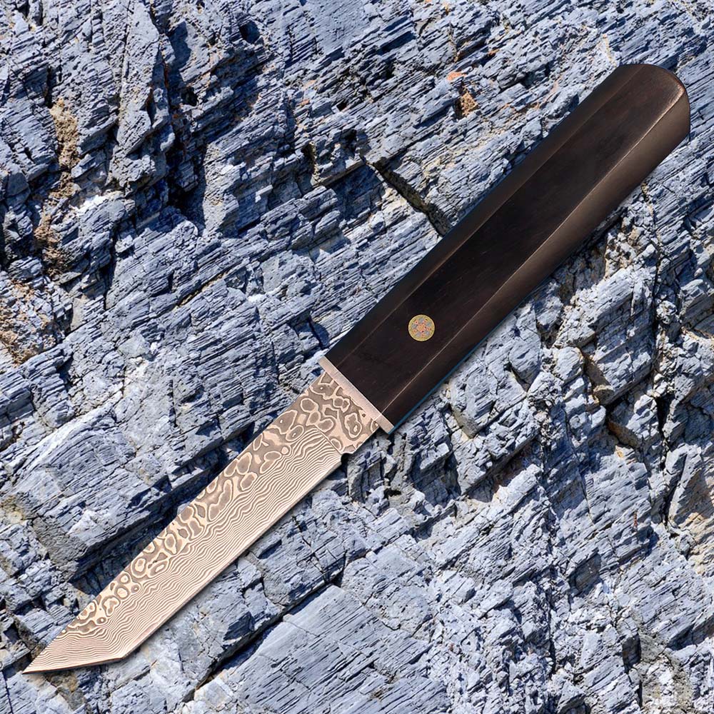 Specialerbjudande R8319 Survival Straight Knife VG10 Damascus Steel Tanto Point Blade Rosewood with Steel Head Handhands Fasta blad Knives inklusive trähölje