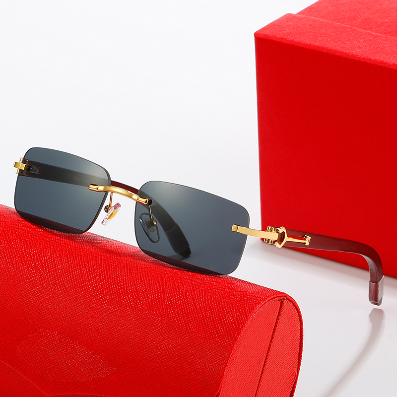 Kadınlar için Güneş Gözlüğü Karter Gözlük Tasarımcı Gözlükler Çerçevesiz Moda Markası Mavi Kırmızı Pembe Lens Altın Gümüş Gümüş Ahşap Bacaklar Sunglas202b