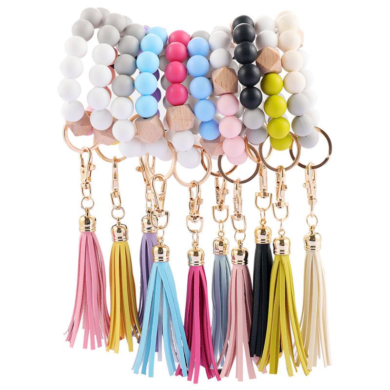 Silicone Wood Beads Keychain Keyring For Women Wristlet Bracelet Pendant Keychain With Jewelry Accessories