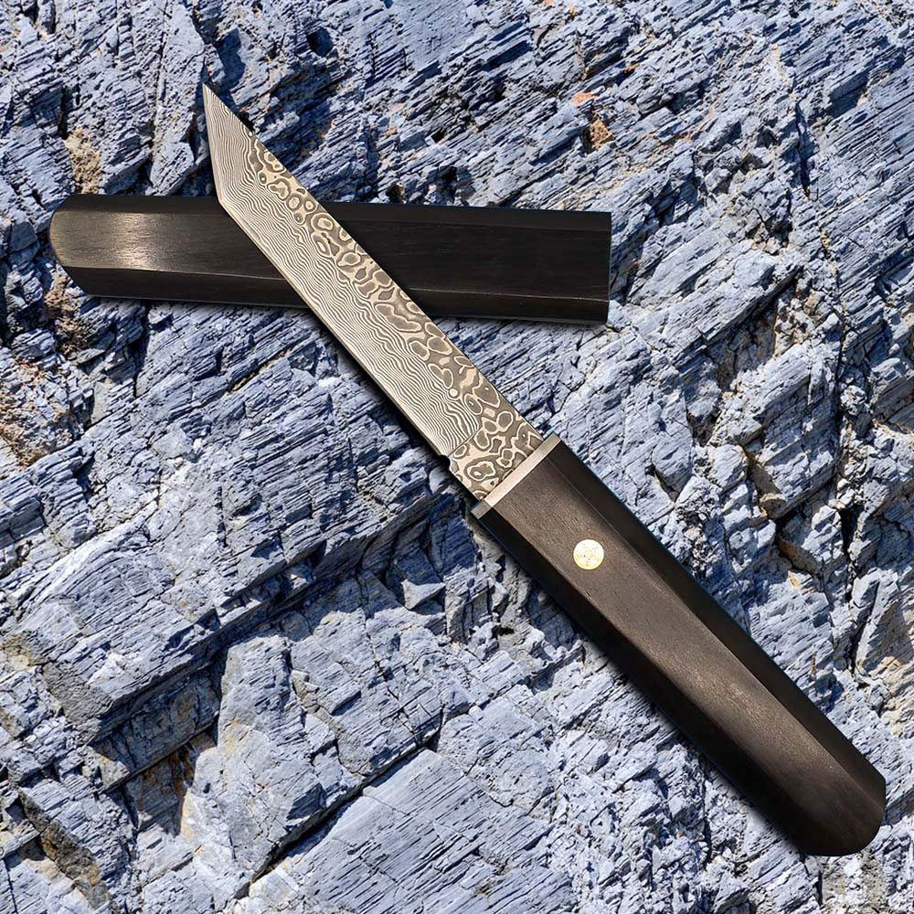 Specialerbjudande R8319 Survival Straight Knife VG10 Damascus Steel Tanto Point Blade Rosewood with Steel Head Handhands Fasta blad Knives inklusive trähölje