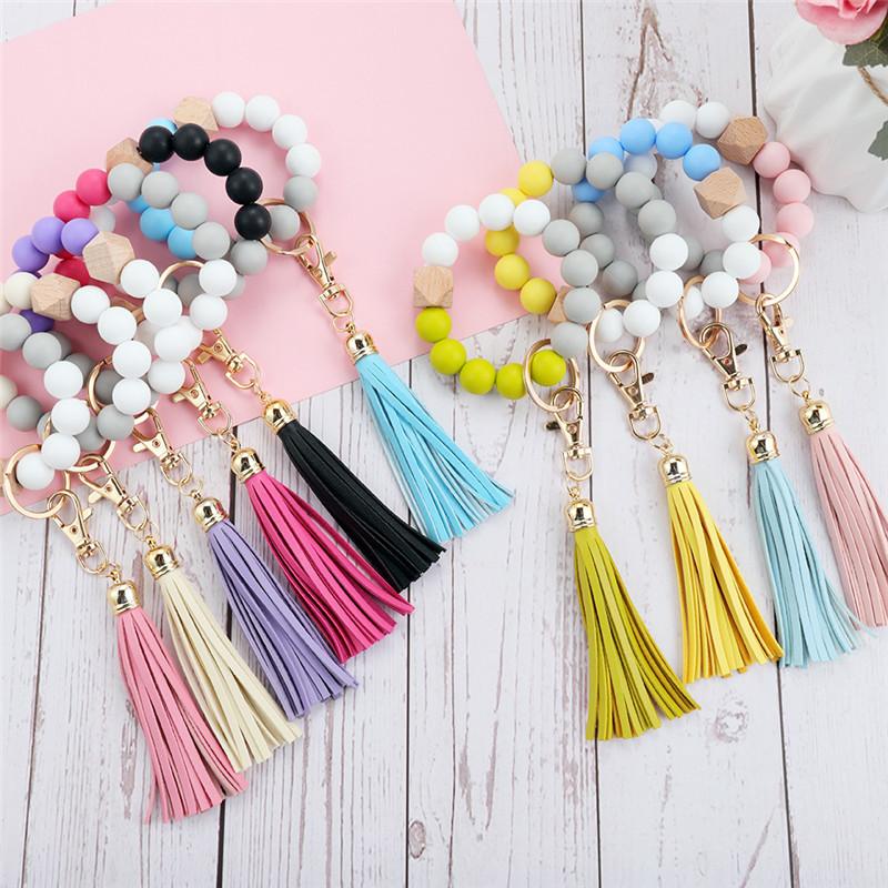 Silicone Wood Beads Keychain Keyring For Women Wristlet Bracelet Pendant Keychain With Jewelry Accessories