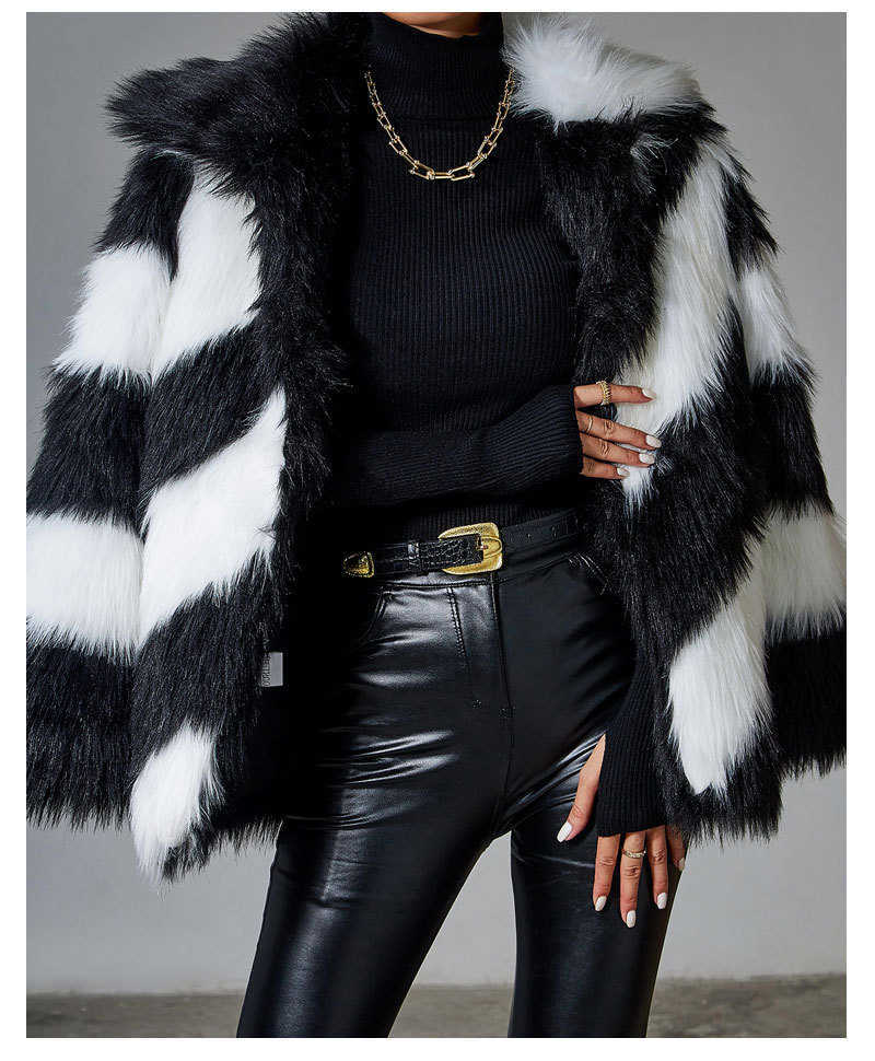 Women's Fur Faux Leather Coat Jacket Stitching Double-Sided Black Turn-down Collar Female T220928