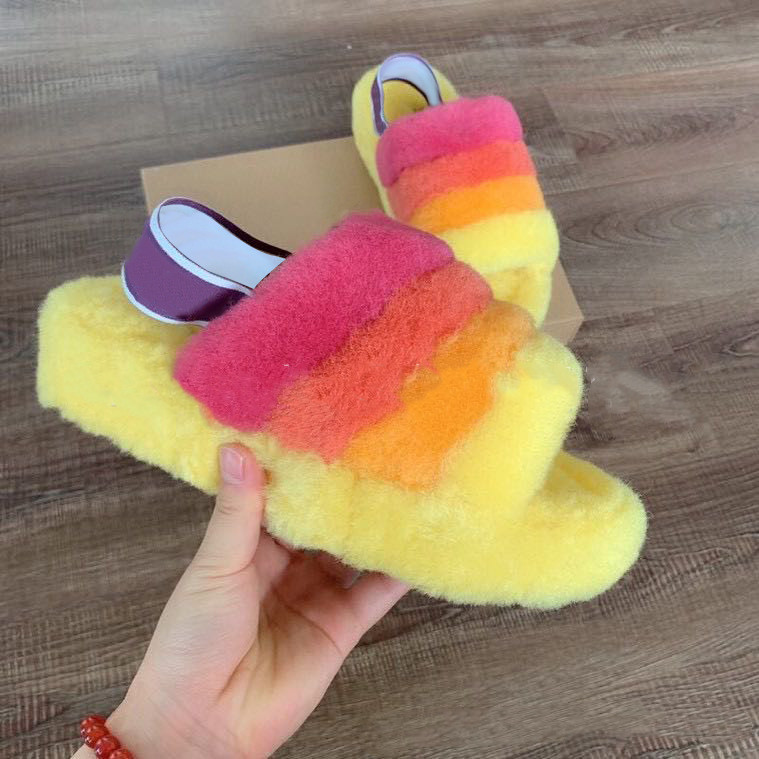 Women Men Fluff Yeah Slide Furry Slippers Australia WGG Sherpa Plush Fur Slides Sandal oh Australian Fuzzy Soft House Shoes Rainbow Yellow Blue Red Shoes Flip Flops