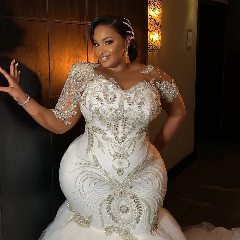 Stunning Plus Size Wedding Dresses Crystal Mermaid Bridal Gown Sheer Full Sleeve Beading Vestido De Novia Corset Back Design