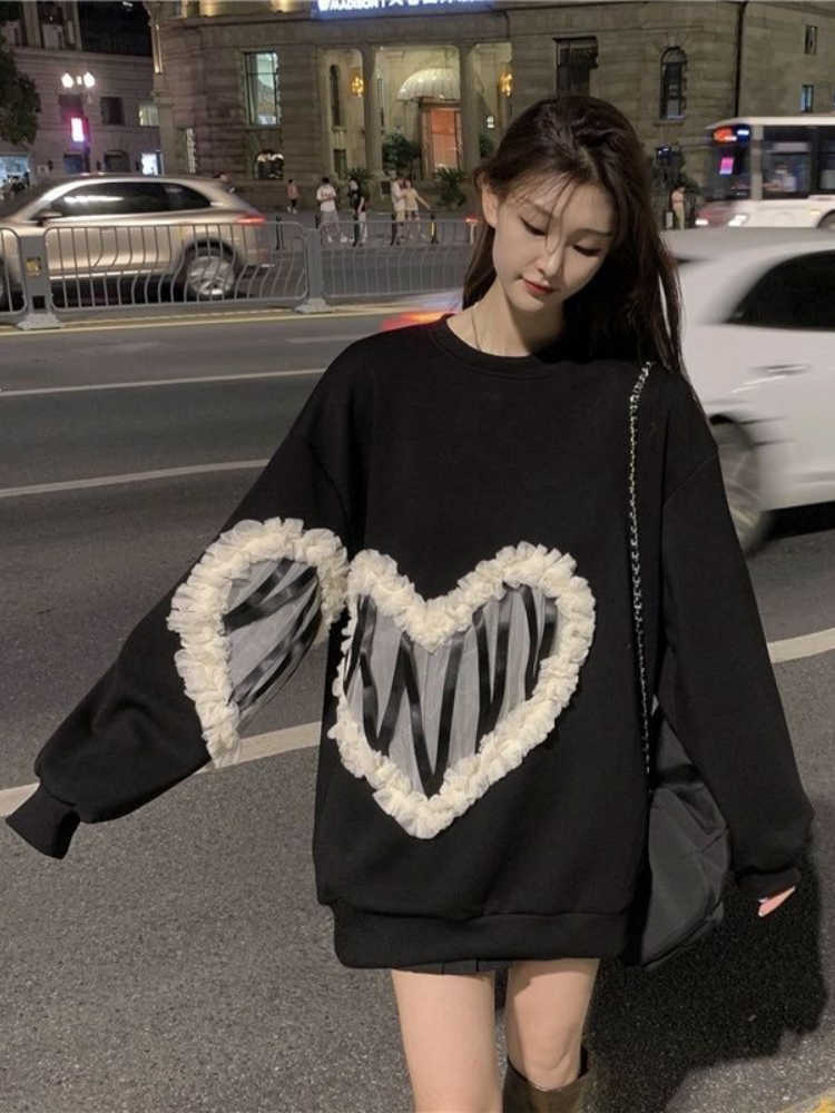 Women's Hoodies Sweatshirts Deeptown Korean Fashion Heart Mesh Lace Patchwork Sweatshirt Women Harajuku Gothic Oversized Hoodies Female Casual Pullover Tops