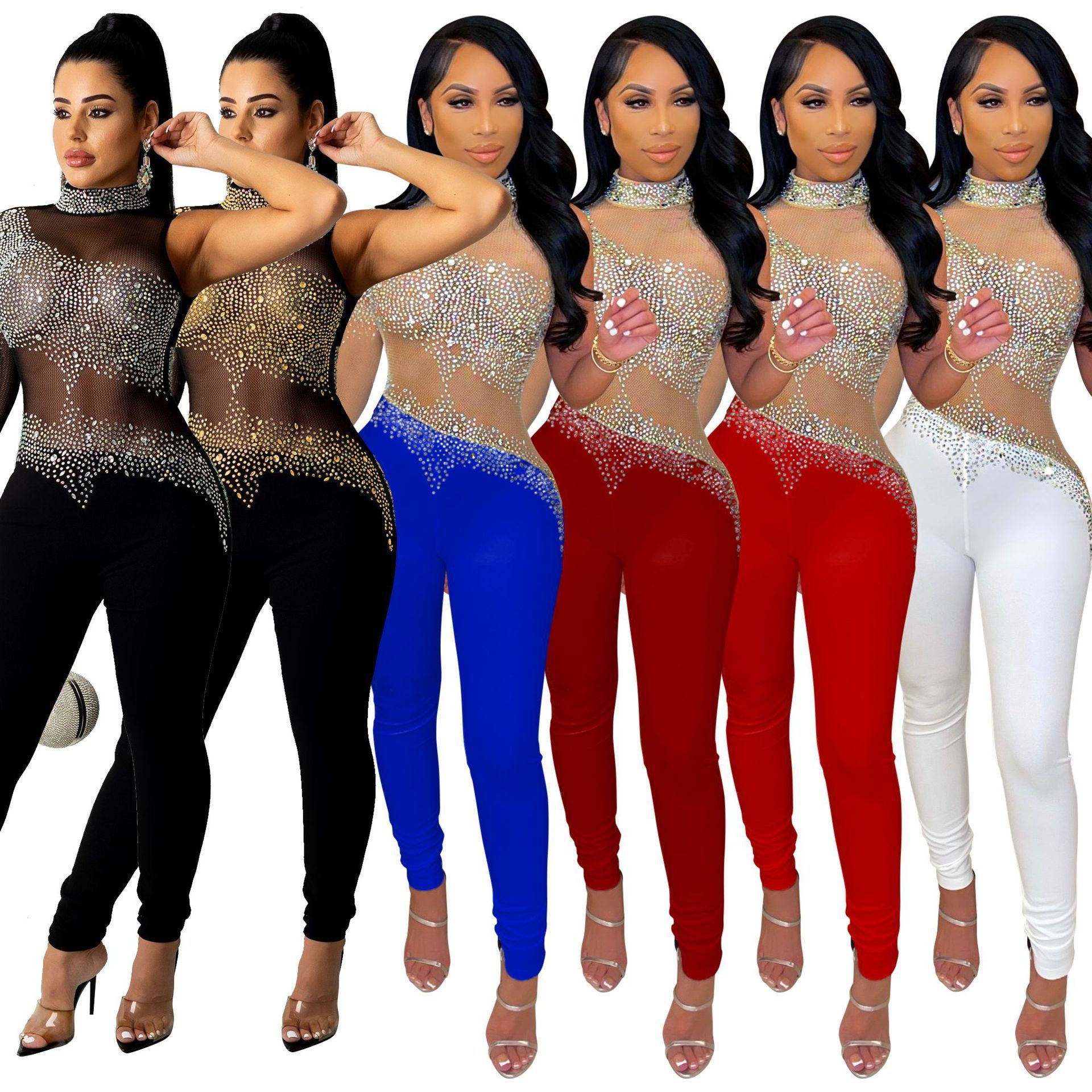 Dames Jumpsuits Rompertjes Sylph Sexy Voor Dames Clubwear Mesh Doorzichtige playsuits Modieuze diamanten broeken en lange mouwen 220929