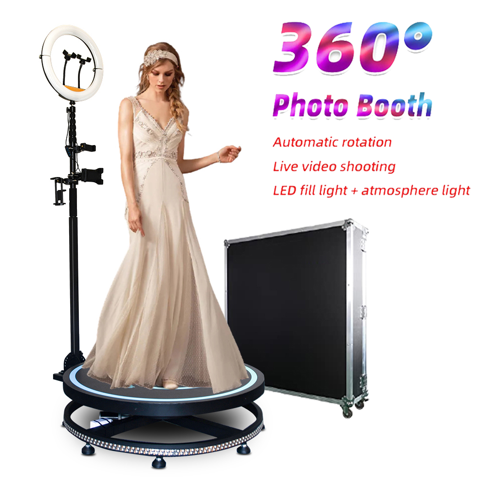 360 Fotobås för Partys Rental Machine 360 ​​graders långsam rörelse Roterande bärbar selfie -plattform med ringljus till salu