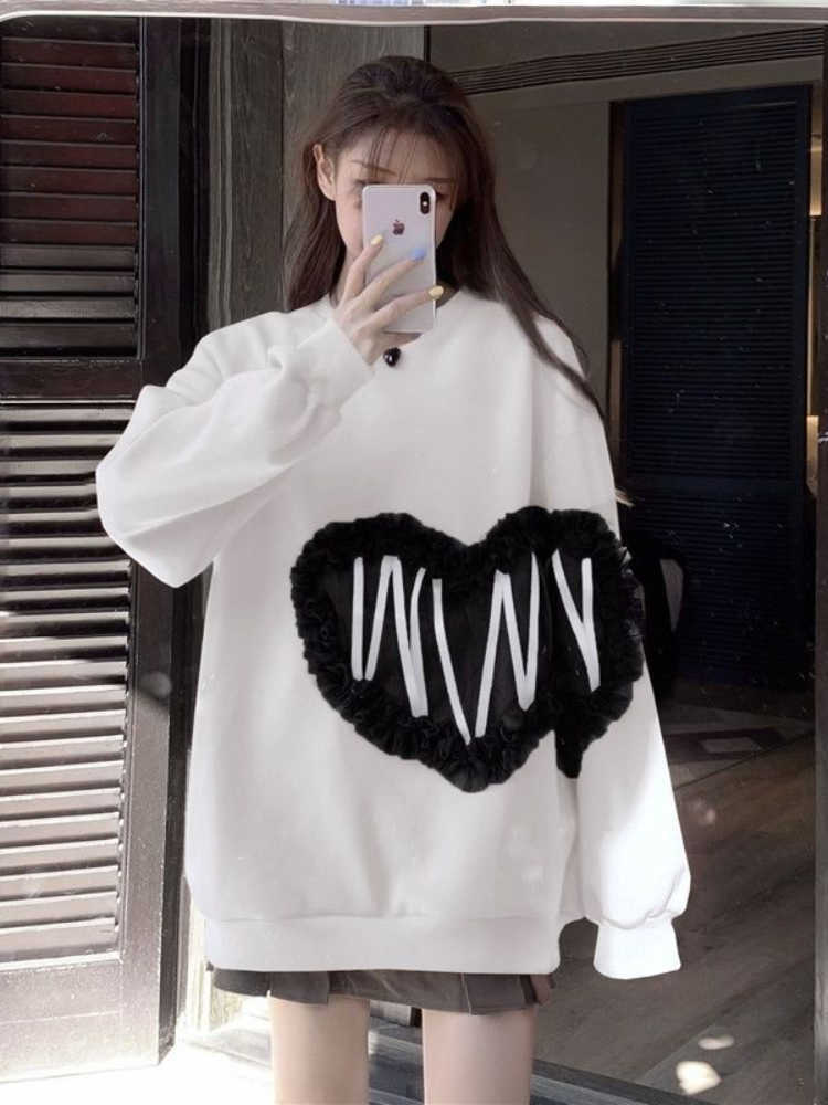 Women's Hoodies Sweatshirts Deeptown Korean Fashion Heart Mesh Lace Patchwork Sweatshirt Women Harajuku Gothic Oversized Hoodies Female Casual Pullover Tops