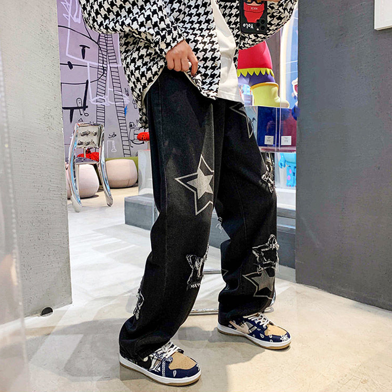Jeans da uomo Vintage da donna Pantaloni da uomo in denim coreano Y2K Cltohes Streetwear Patchwork stampato Jeans larghi da uomo Pantaloni dritti uomo 220929